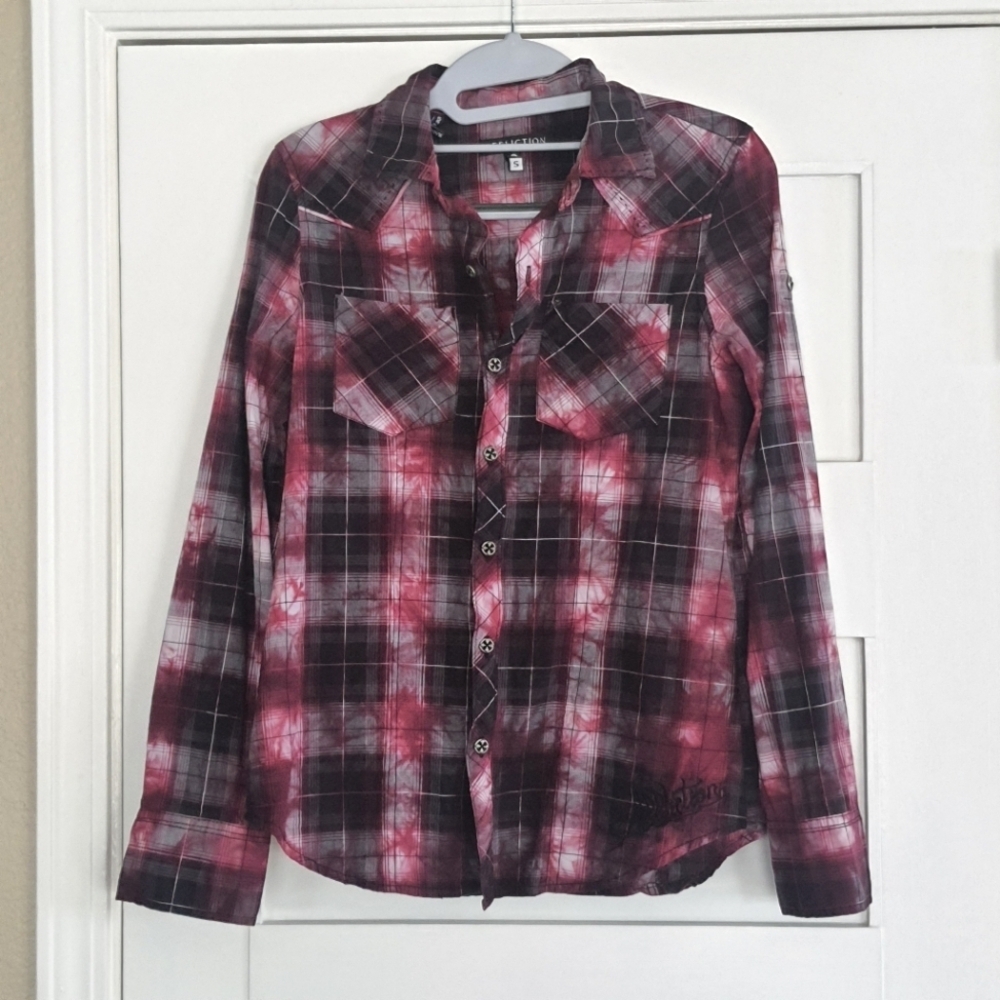 Affliction Button Down Shirt Womens S Red Wine Black Long Sleeves